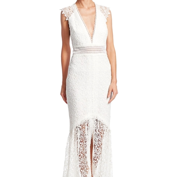 NWT$600 ML Monique Lhuillier Plunging High-Low Lace White Dress Gown Sz 4
